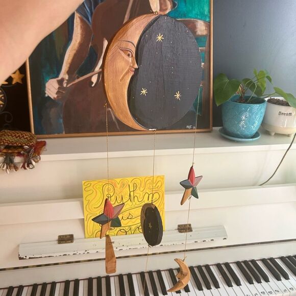 Hand Carved Wooden Star and Moon Ornament Mobile Vintage 90s Indonesia 28.5" - Picture 16 of 16